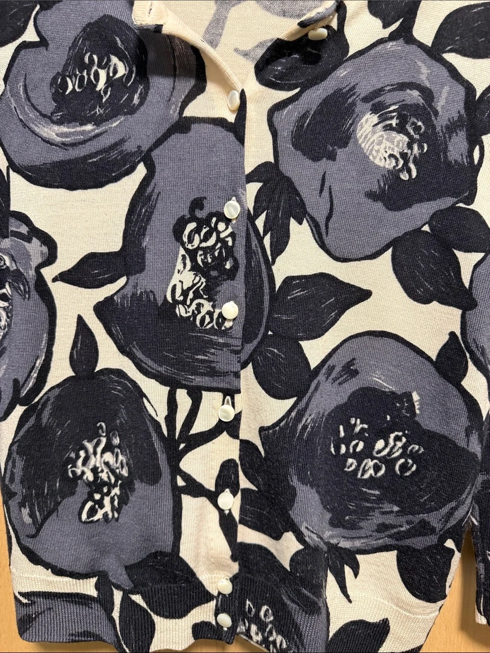 J. Crew Black and Gray Floral on Cream Base 100% Wool Button-Down Cardigan